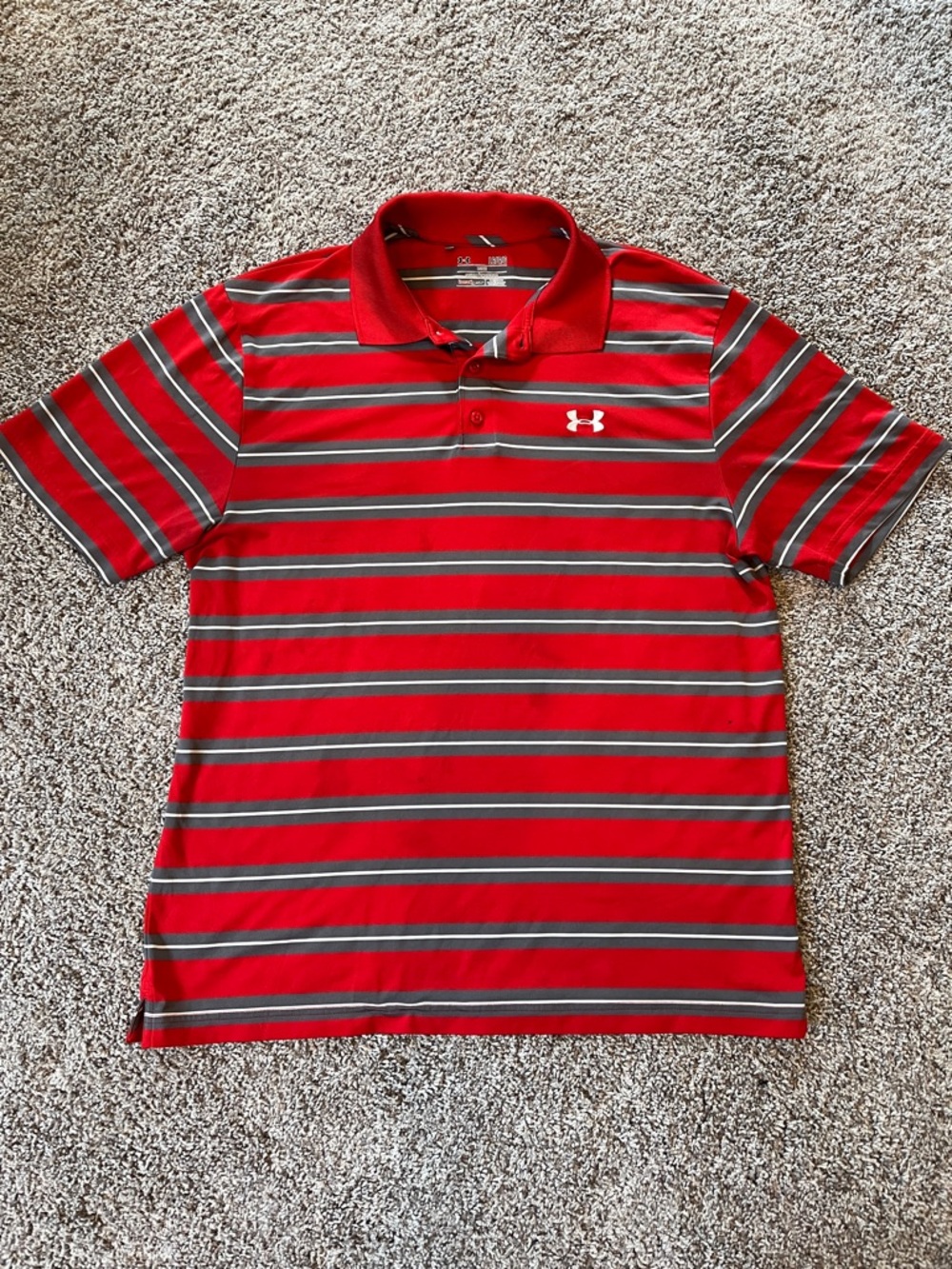 Under Armour Red Striped Polo with Gray and White Accents